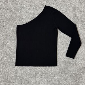 Halogen Sweater Womens Large Black One Shoulder Asymmetrical Ribbed Pullover Top